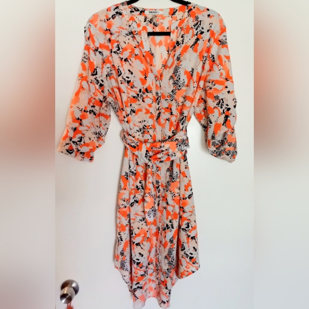 DKNYC Donna Karan Orange Abstract Print Tie-Waist Shift Dress Size XL